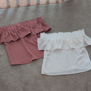 Express Off-Shoulder Ruffle Tops in Mauve and White